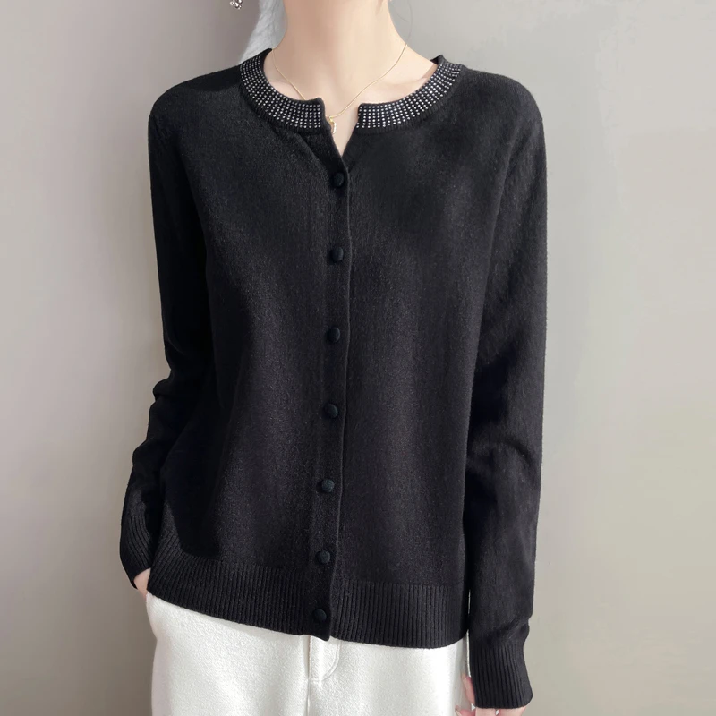 【现货宠粉】新款落肩袖春秋圆领长袖毛针织衫毛衣开衫多巴胺穿搭