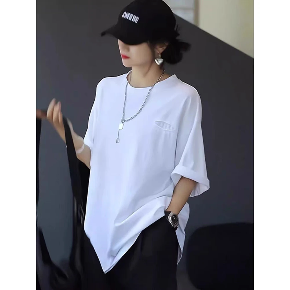 韩式白色T恤女2025夏季新款美式休闲纯色短袖宽松圆领显瘦潮牌体