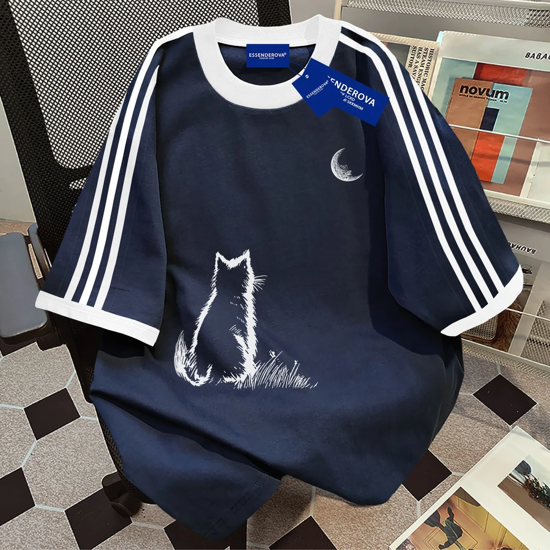 100%纯棉爆款潮牌小猫圆领短袖百搭t恤男女欧美夏季宽松情侣上衣