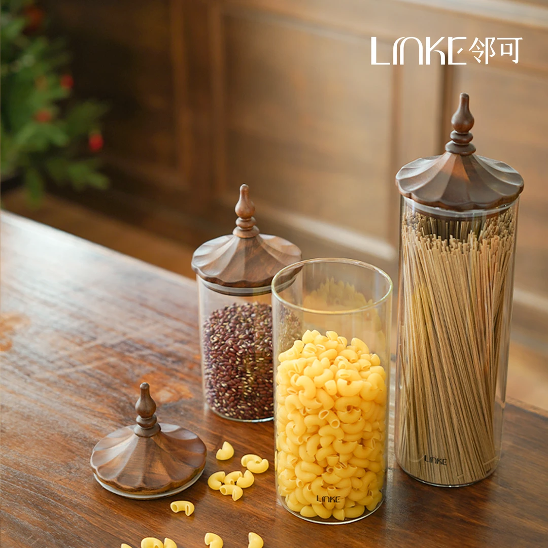 LINKE邻可 · 尖顶玻璃储物罐 设计师款中古胡桃木咖啡豆收纳罐