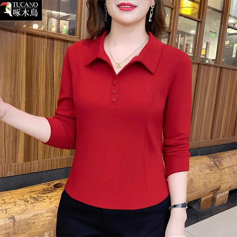 啄木鸟春秋长袖翻领T恤女中年减龄妈妈装2025年新款休闲刺绣上衣