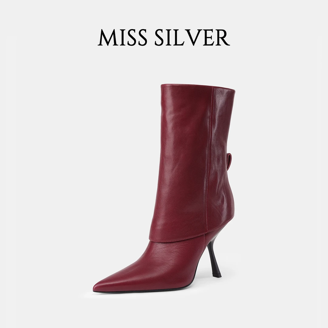 MISSSILVER女2025冬季新款时尚真皮尖头裤管靴高跟
