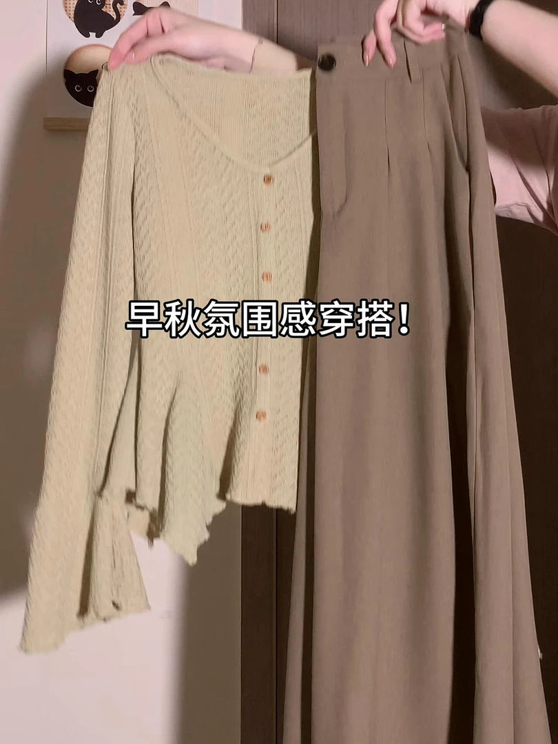 秋装搭配一整套chic高级感套装女镂空v领针织衫高腰阔腿裤两件套