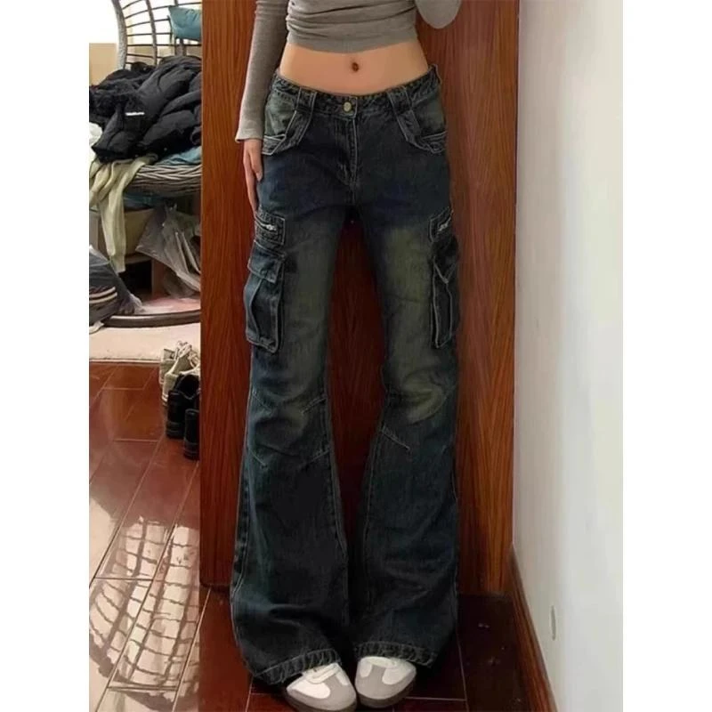 美式复古工装刀割设计感微喇牛仔裤女2025冬季新款显瘦垂感拖地裤