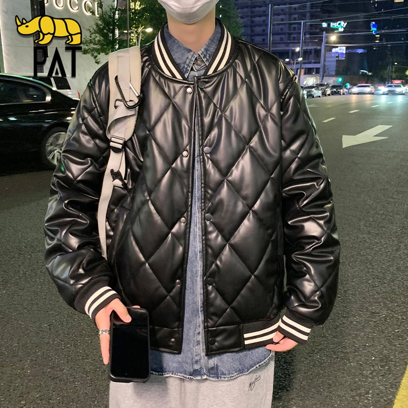 PAT平安犀牛官方年终撤柜促销品质美式棉服男冬2025新款PU皮棉衣