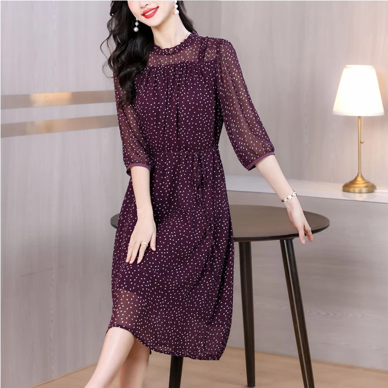 【槿言丝頌】夏季新款时尚女装百搭波点收腰连衣裙洋气妈妈装6350
