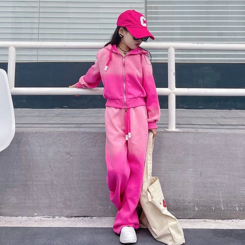 2025新款女童春秋装套装中大童渐变拉链衫外套韩版休闲长裤两件套