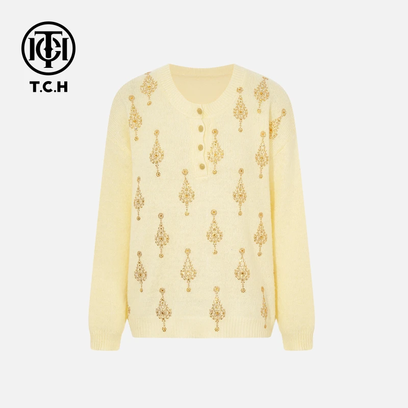 TCH【时尚气质】私服秋冬烫钻黄色女装针织衫T75D09E1036轻奢tch