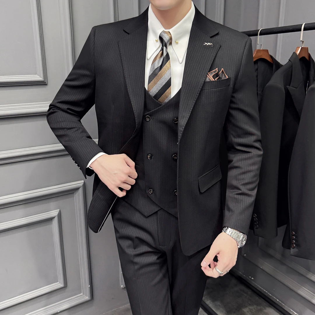 黑色条纹西装套装高级感蓝色条纹西服男士新郎结婚礼服商务宴会装
