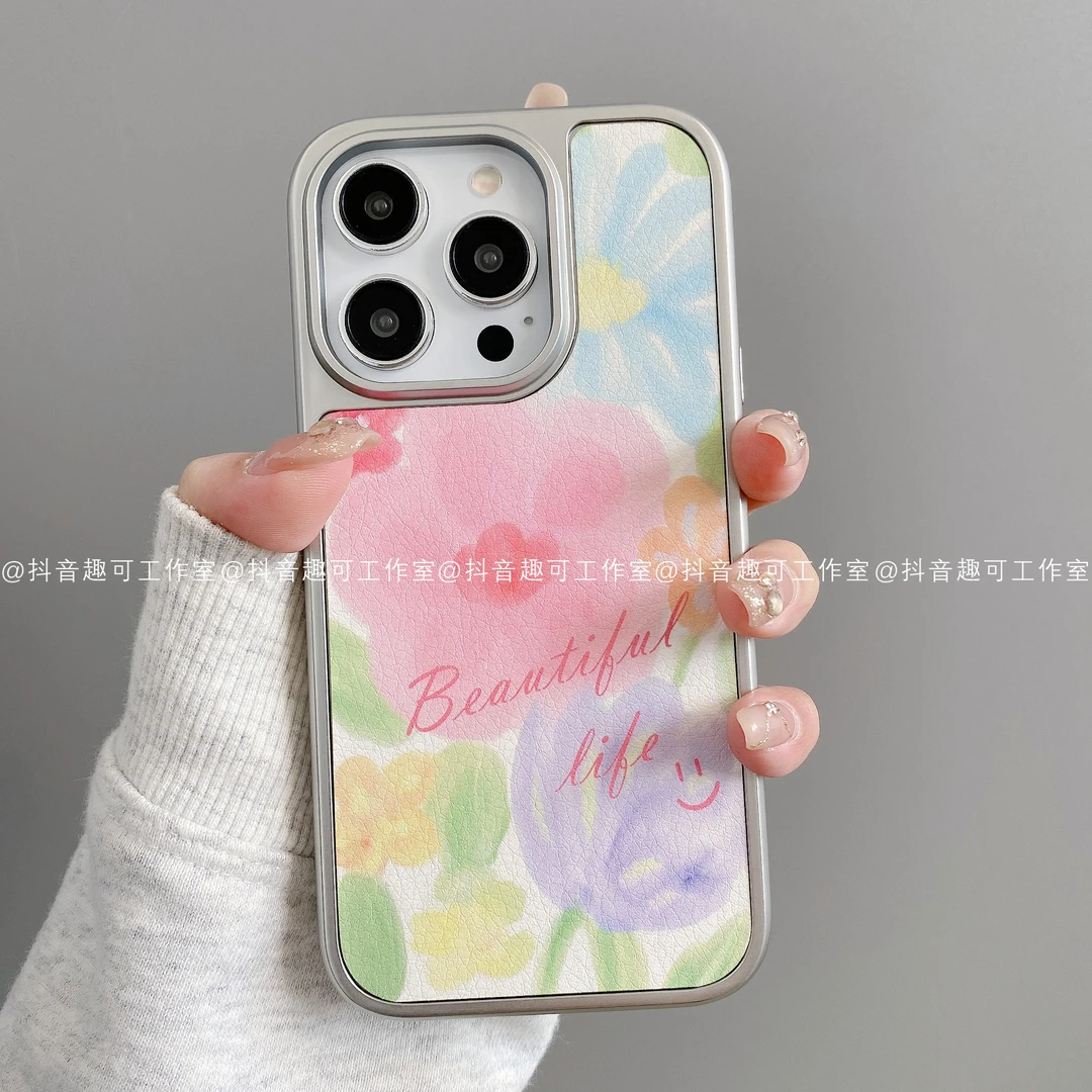大孔皮革适用iphone16promax苹果15/14/13/12华为小米手机壳潮花