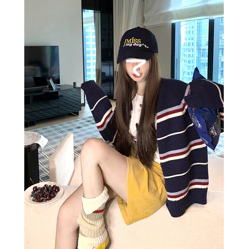 戴娇媚条纹书呆子 针织开衫女韩撞色条纹百搭外穿毛衣外套