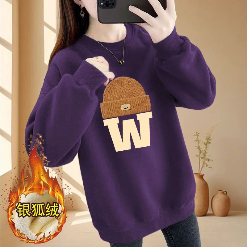 女款潮流高级感爆款修身简约印花设计感韩版显瘦华棉圆领加绒卫衣