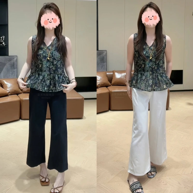 夏季新款简约法式V型碎花无袖上衣马甲T高腰百搭薄款直筒裤套装女