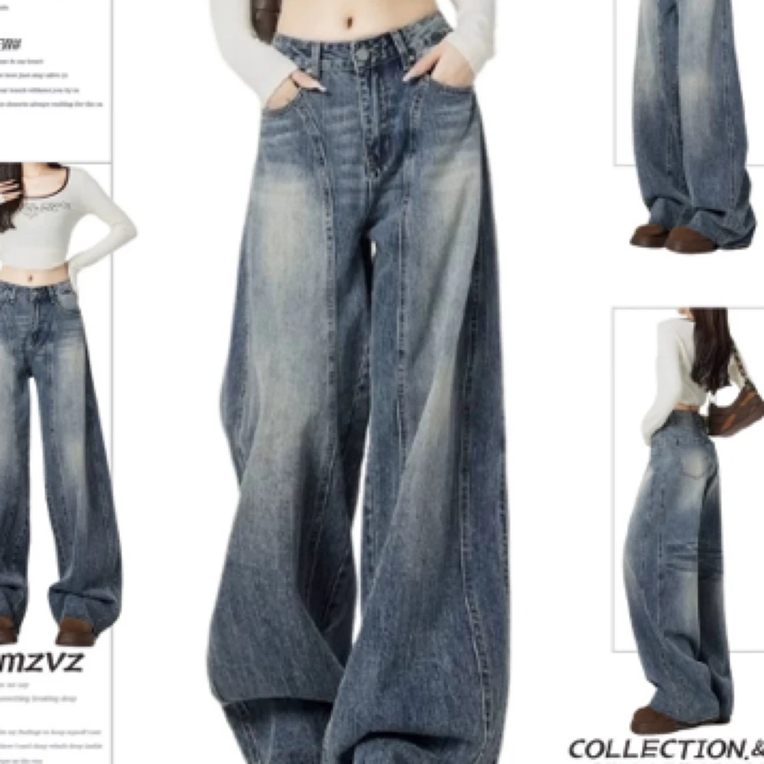 直播过款瑕疵NO退NO换。美式复古百搭夏季蓝色直筒喇叭高腰牛仔裤