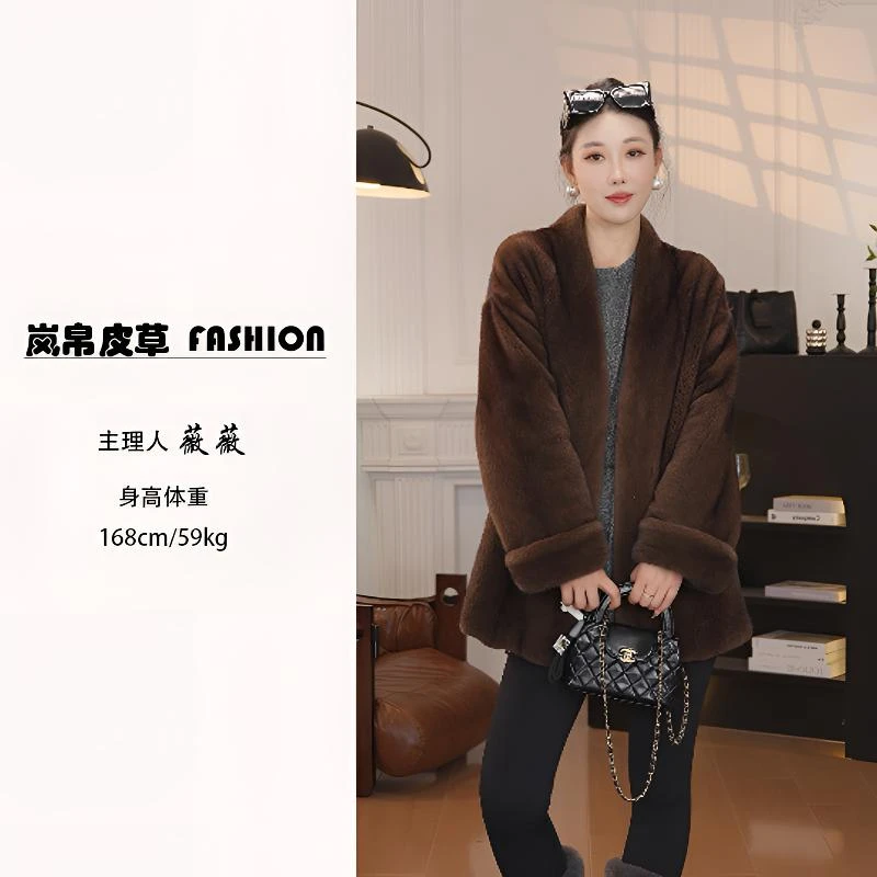【岚帛】进口天鹅绒整貂V领休闲貂皮大衣水貂皮草女挽袖年轻中长款