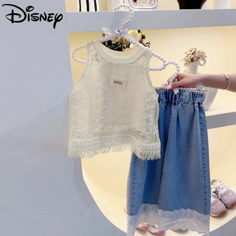Disney/迪士尼女童新款夏季简约洋气吊带背心蕾丝上衣牛仔裤套装