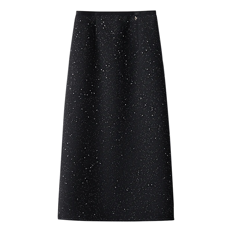 亮片黑色半身裙女夏季新2025新款高级感超好看显瘦毛呢直筒包臀裙