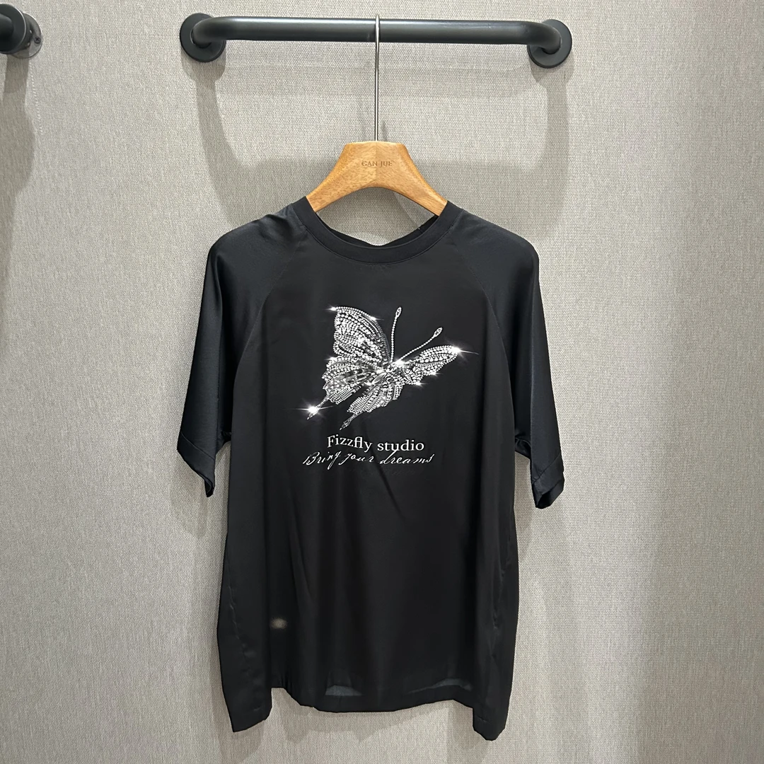 Fizzfly设计师品牌25夏季新品 蝴蝶 短袖 真丝 T恤