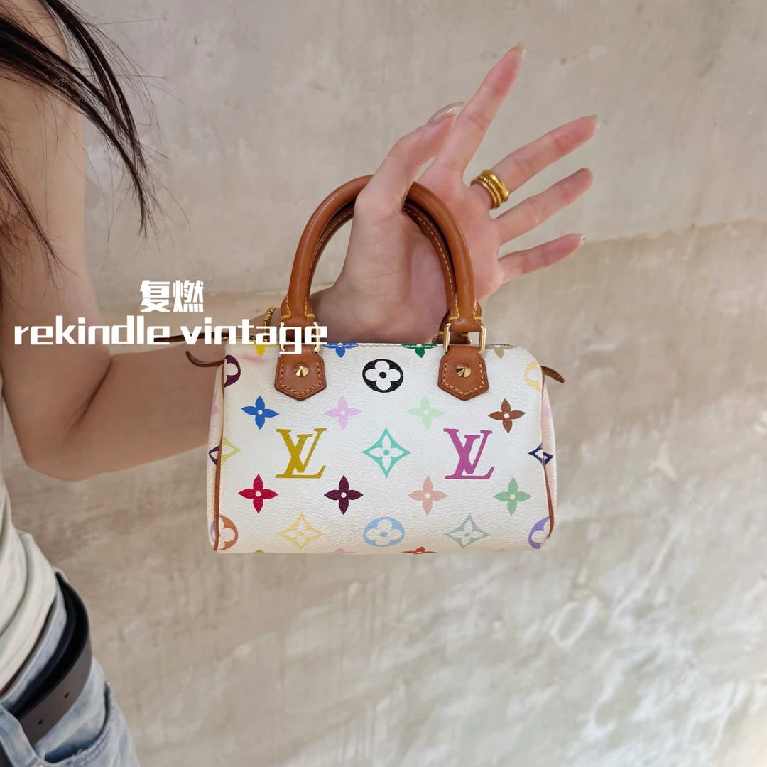 95新 LouisVuitton/路易威登 复燃精选/中古白三彩村上隆sp mini