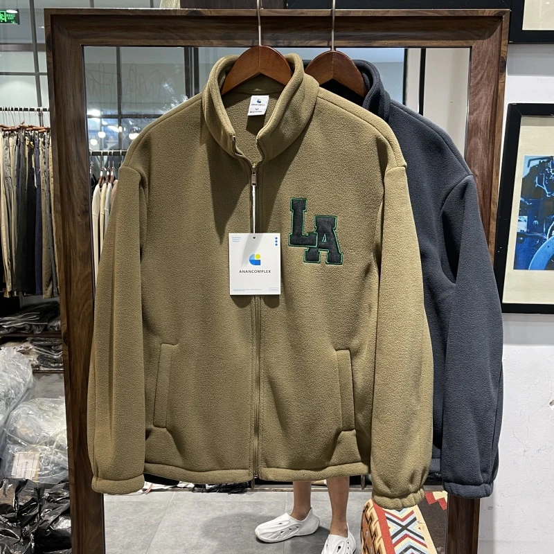 美式重磅高密度摇粒绒夹克外套男潮流时尚宽松贴布刺绣立领夹克男