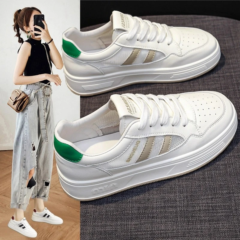 Moleubak德训小白鞋女百搭网面透气平厚底2025春秋款休闲运动板鞋