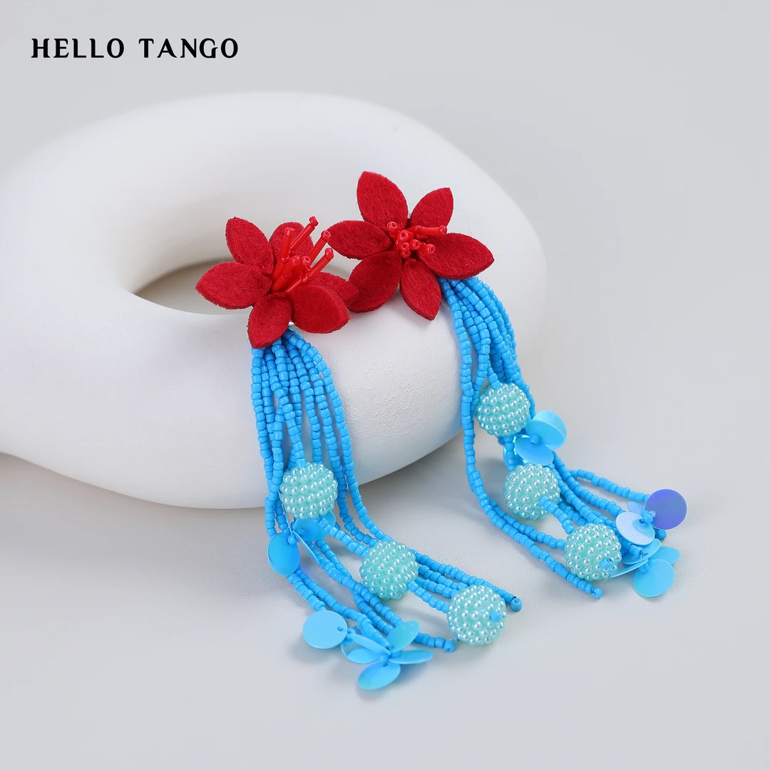 非金属布艺耳饰 HELLOTANGO小众设计复古红花流苏吊坠耳饰