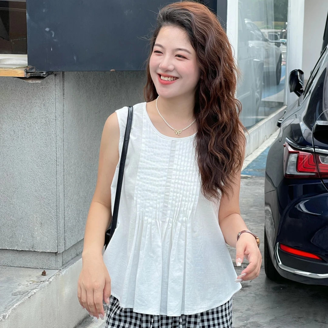 WenWen小个子韩系无袖压褶小衫夏日新款百搭洋气上衣3800版