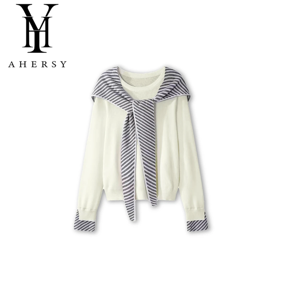 针织女长袖厚款秋季条纹毛针织衫女装拼接毛衣连帽B380
