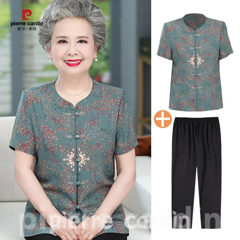 皮尔卡丹老年人夏装女圆领衬衫妈妈太太薄款冰丝上衣服70岁80奶奶