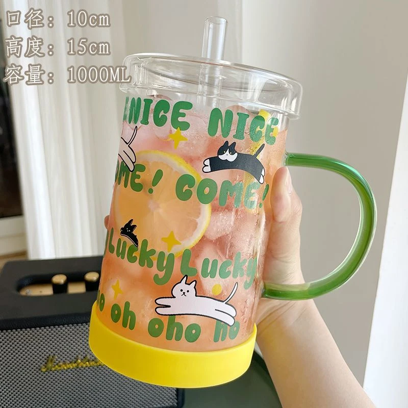 玻璃杯水杯宿舍大容量茶杯带把盖家居泡茶杯有盖耐高温喝水杯子