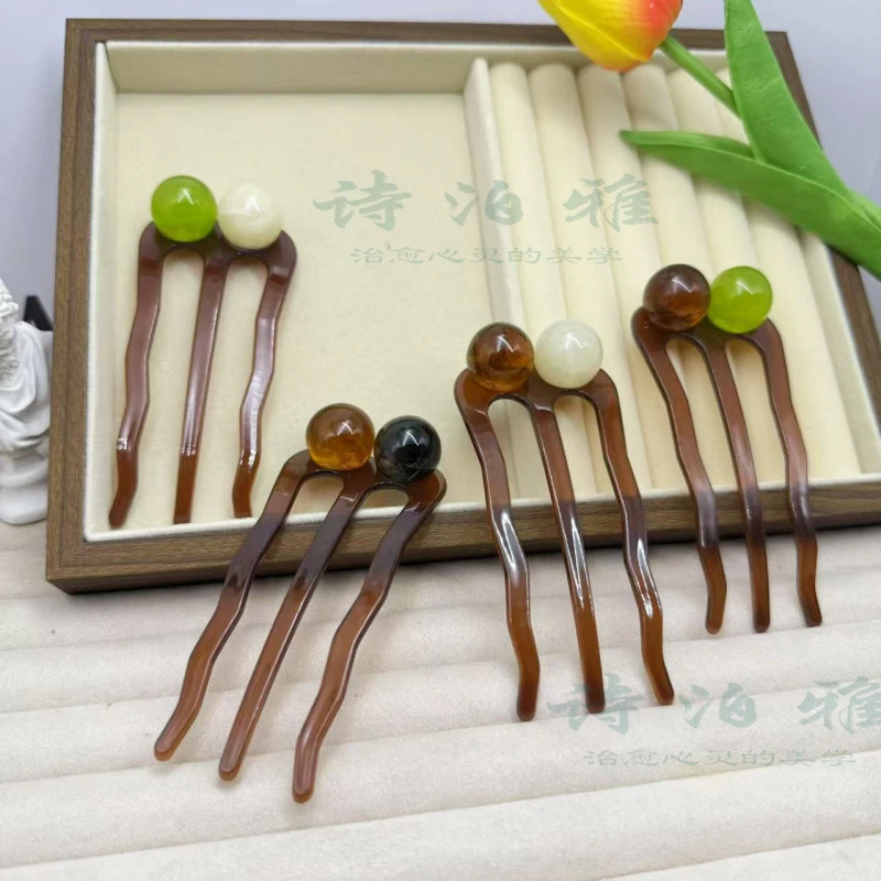 诗泊雅 复古简约珠珠u型发簪女2025新款高端夏季丸子头盘发饰