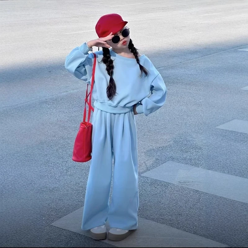 女童运动套装2025春装新款洋气卫衣中大儿童直筒阔腿裤假两件套潮