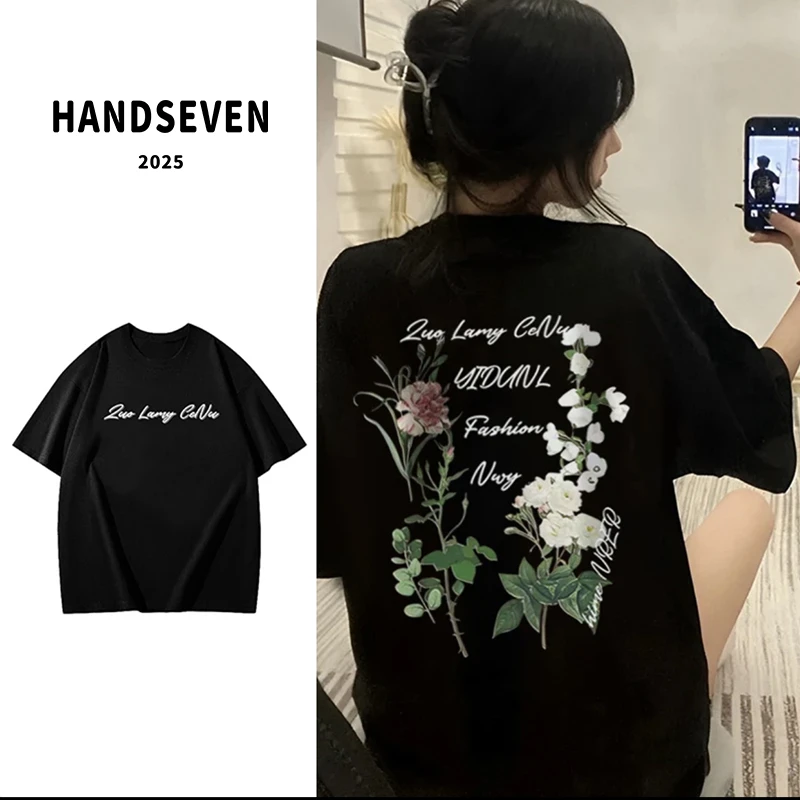 HandSeven新款短袖百搭上衣休闲夏季半袖宽松印花ins设计感美式