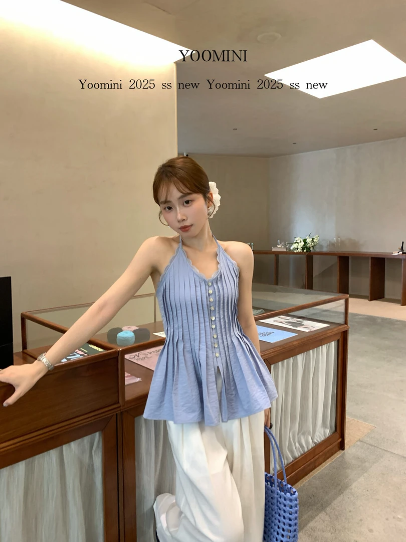 【YOOMINI】10769纵褶织浪|挂脖花边压褶打揽A摆海边度假上衣背心