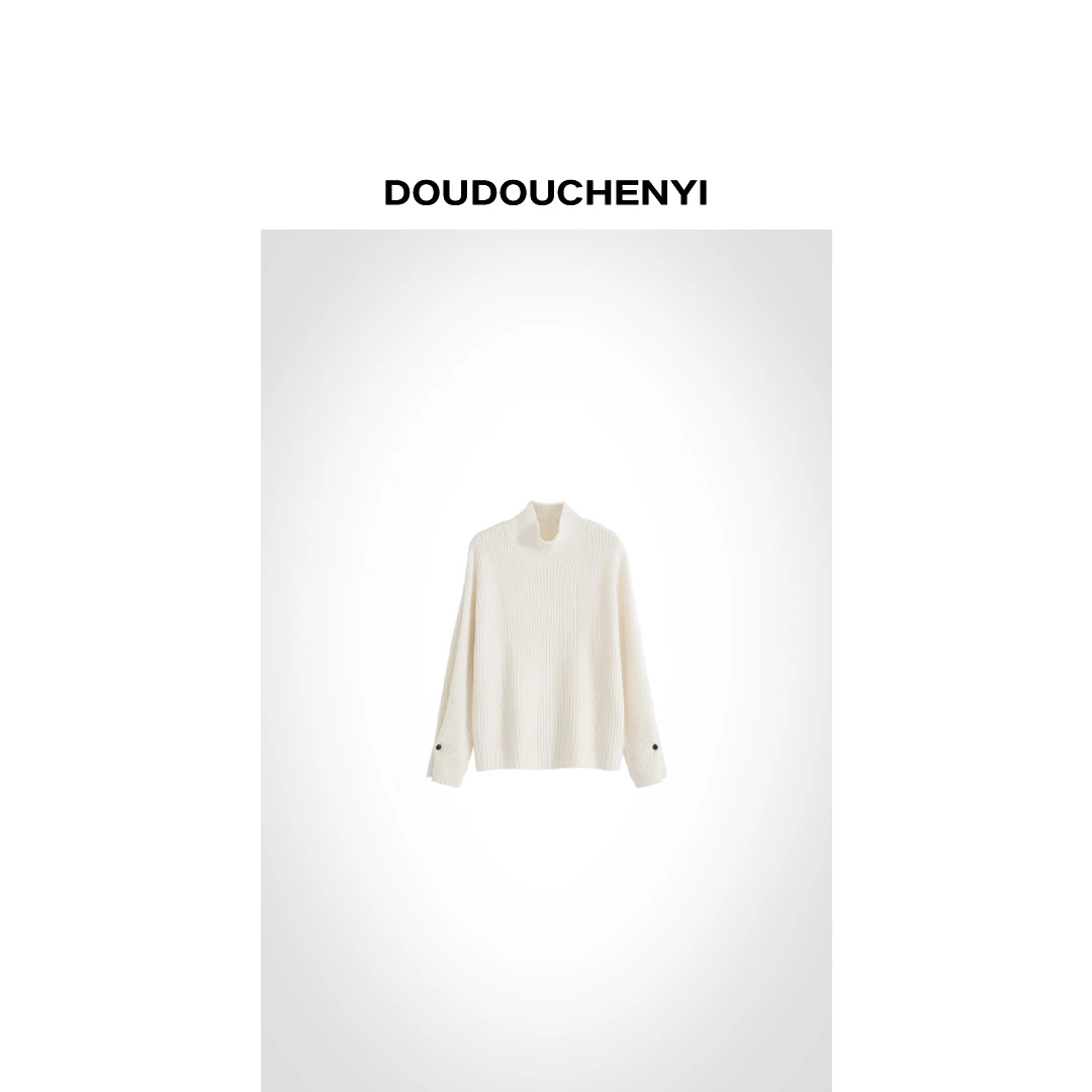 【DOUDOUCHENYI】--设计感袖口半高领绵羊毛混纺针织衫-FJ8036