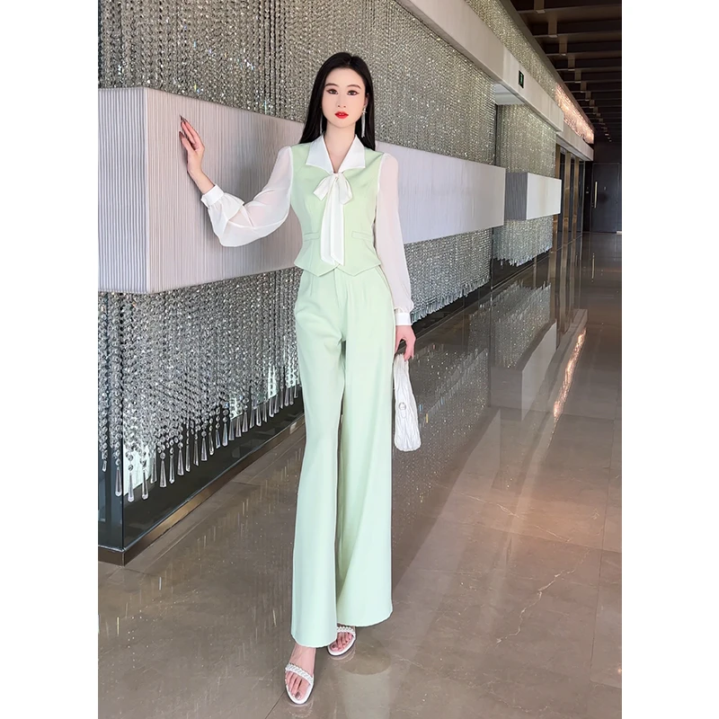 格润雅时尚气质套装2025秋季款女洋气蝴蝶结上衣高腰阔腿裤两件套