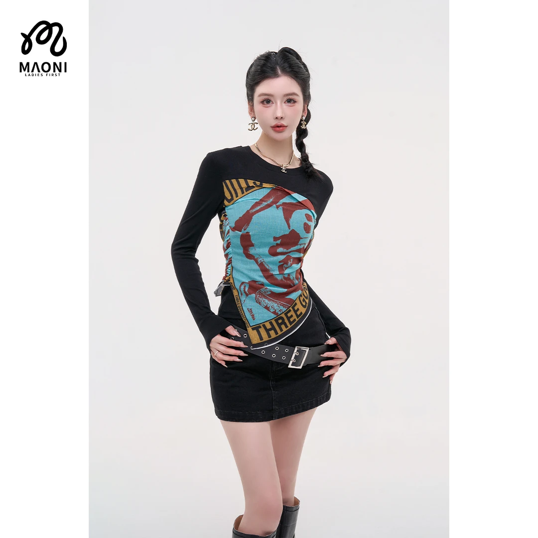 毛妮LADIESFIRST【千禧辣妹】美式涂鸦印花丝巾拼接T恤早秋L2230