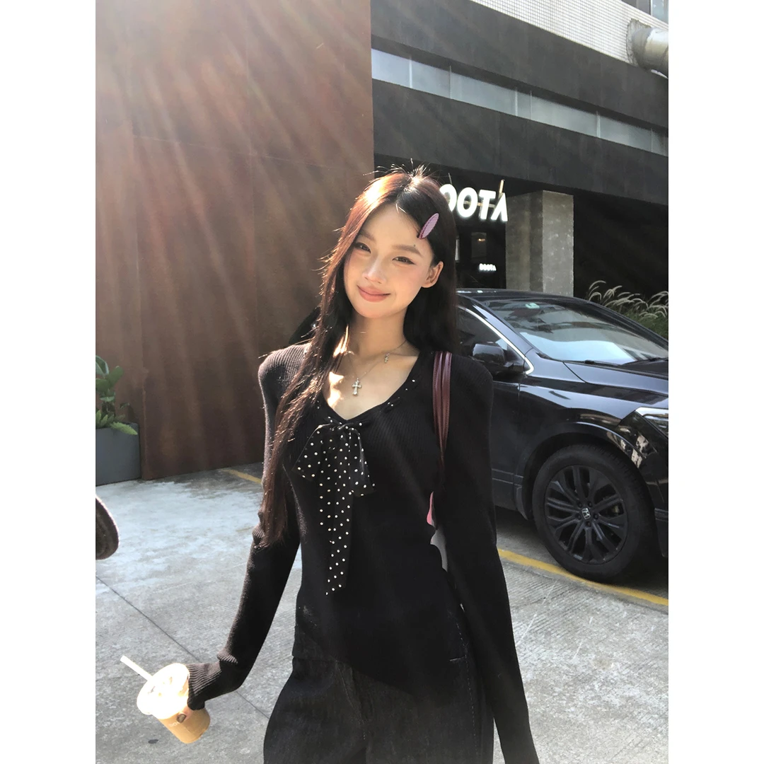 【黑珍珠】秋季美式波点蝴蝶结飘带小众气质百搭毛衣A569