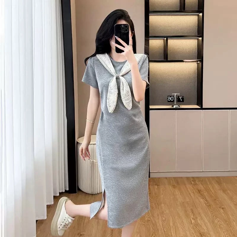 【秀宝女装】灰色连衣裙2025夏季新款撞色拼接蝴蝶结显瘦裙子中长款