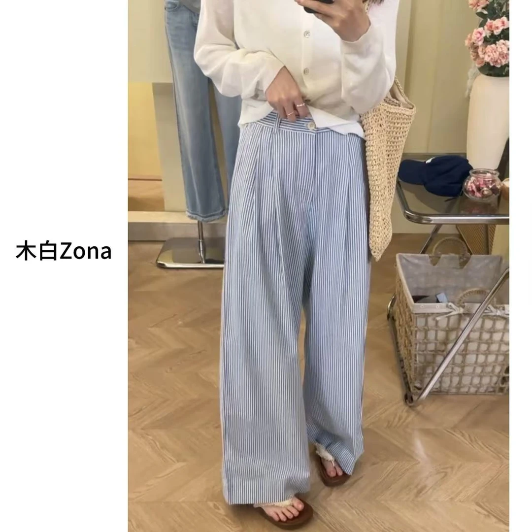 【木白】“清新条纹裤”夏季新款时尚薄款通勤中腰条纹休闲裤