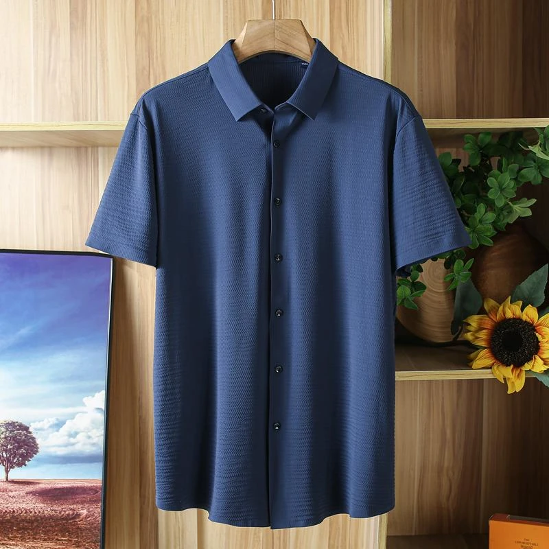 泡泡纱质感品牌撤柜男装藏青男士短袖衬衫夏季薄款透气冰丝衬衣