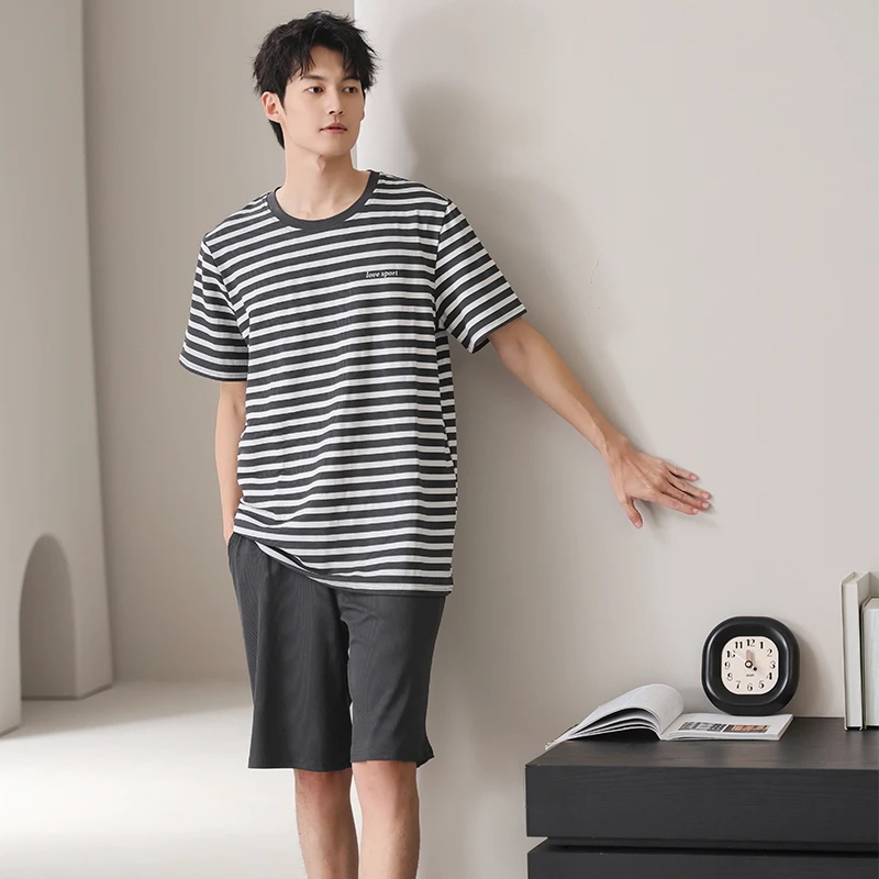 204新款夏季冰丝螺纹套头圆领睡衣男士短袖短裤套装家居服YNE