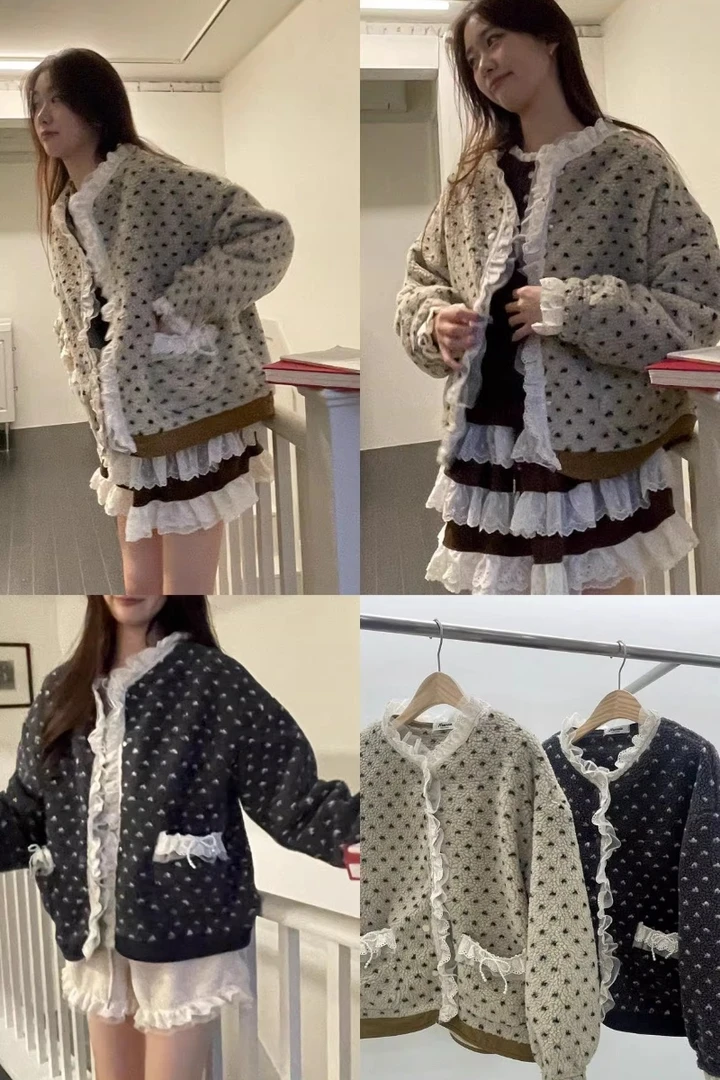 樱子oni韩国东大门2025秋季蕾丝边羊羔毛爱心外套