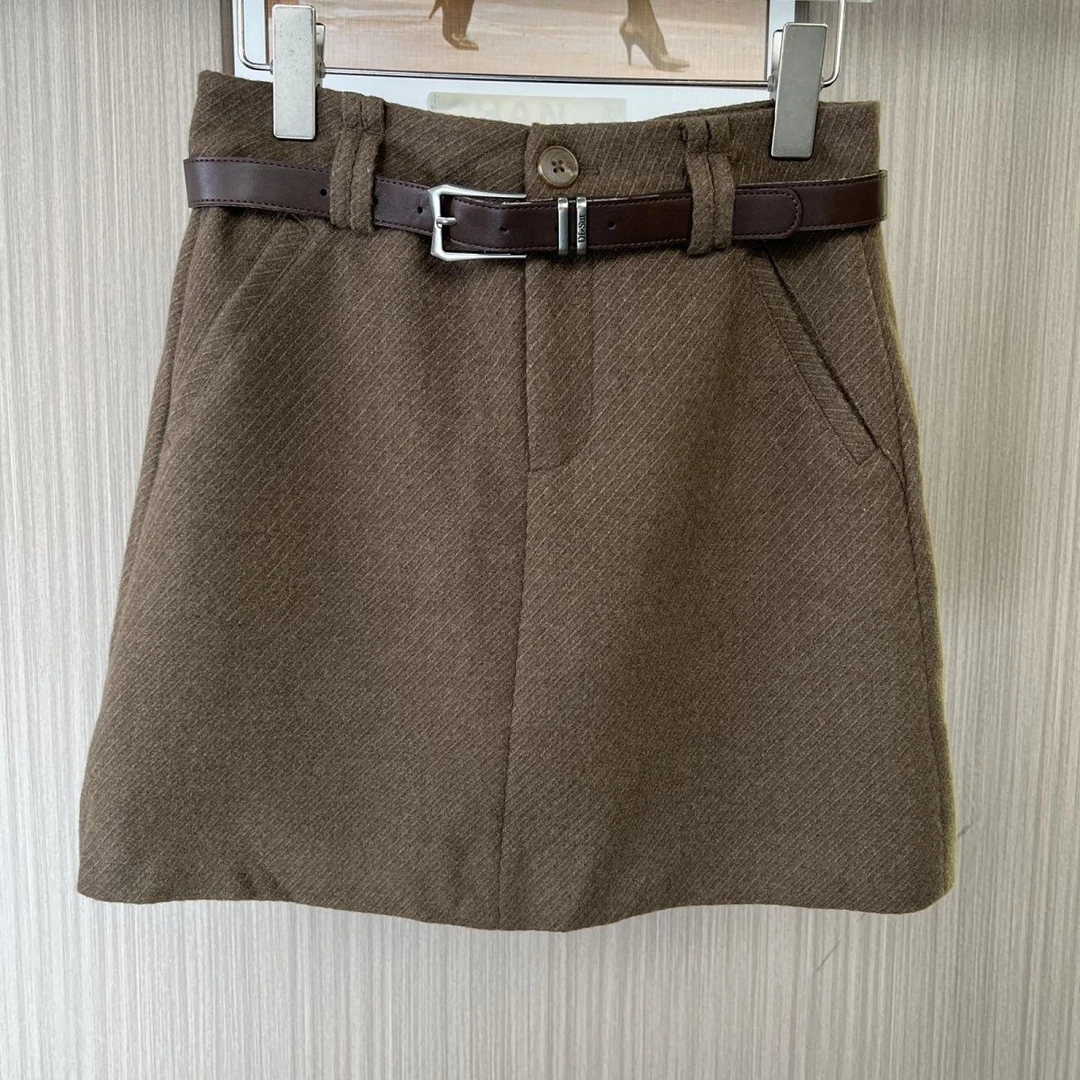 1565品牌撤柜DS咖色时髦高腰半身裙新款显瘦防走光毛呢秋冬短裙女