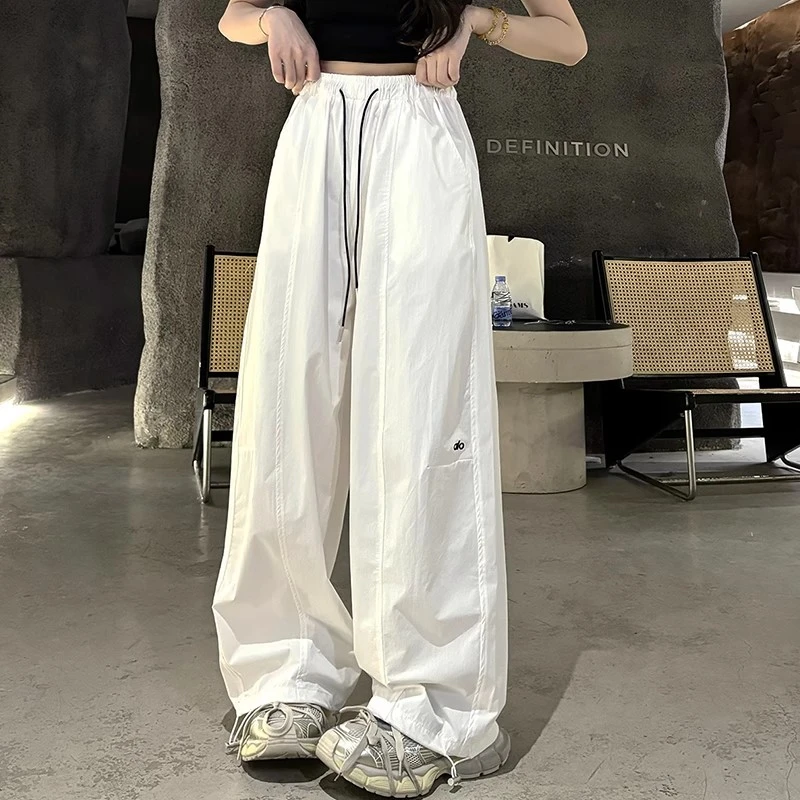 藏蓝色美式速干阔腿运动裤女夏季高腰垂感直筒工装裤慵懒风休闲裤