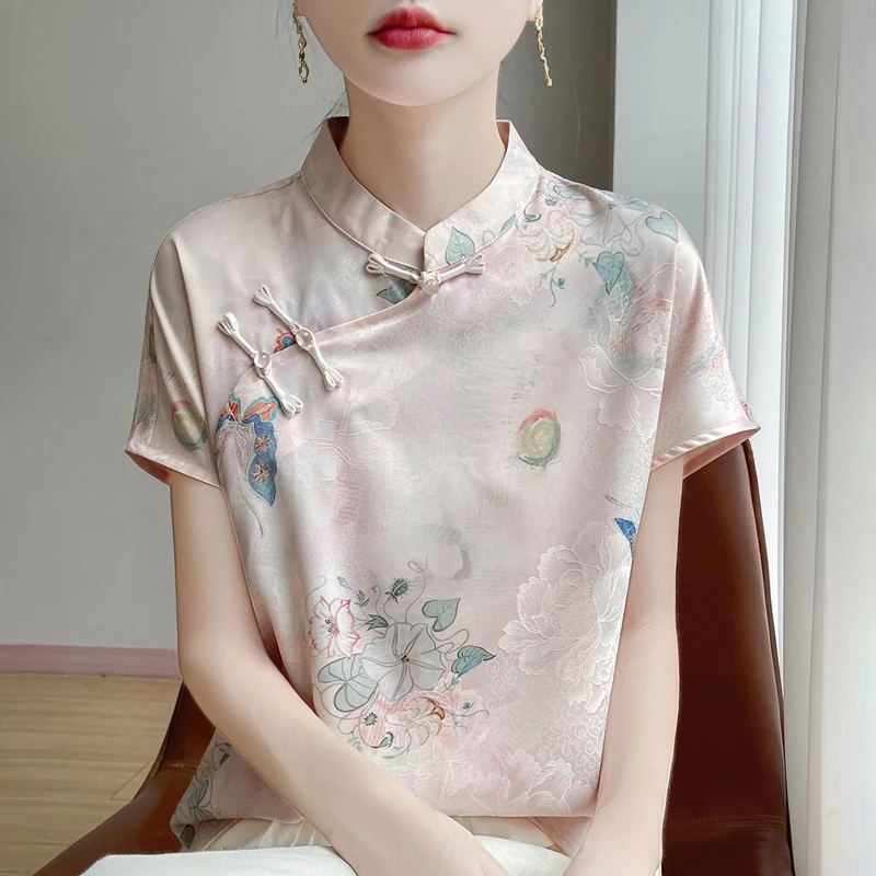 新中式中国风针织短袖上衣缎面冰丝女款短袖针织衫立领民族风T恤