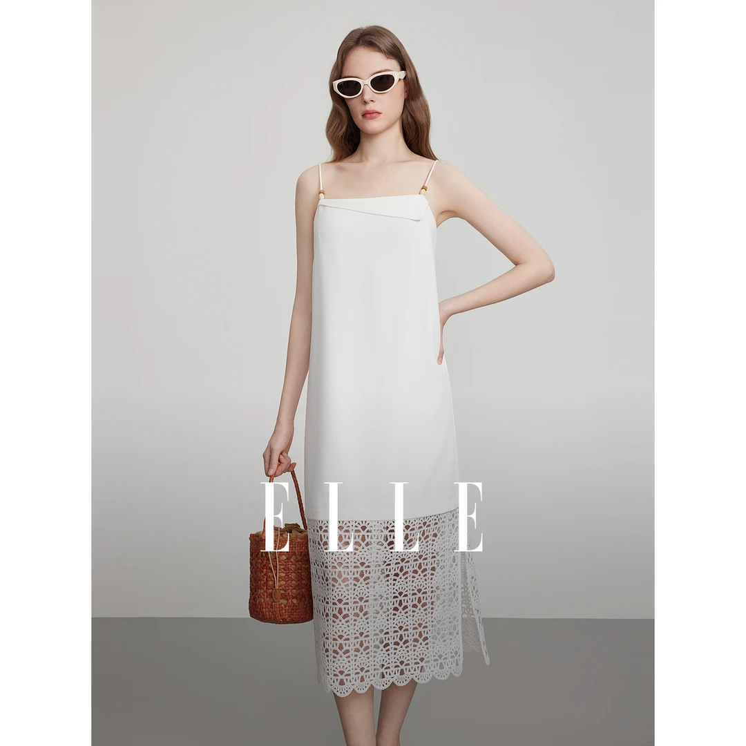 ELLE米白色蕾丝绣花拼接度假吊带连衣裙女2025夏季新款EL50991