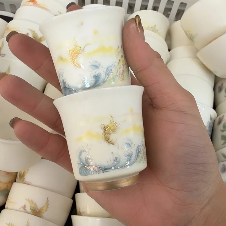 素烧羊脂玉高端如意杯鱼跃龙门45两个