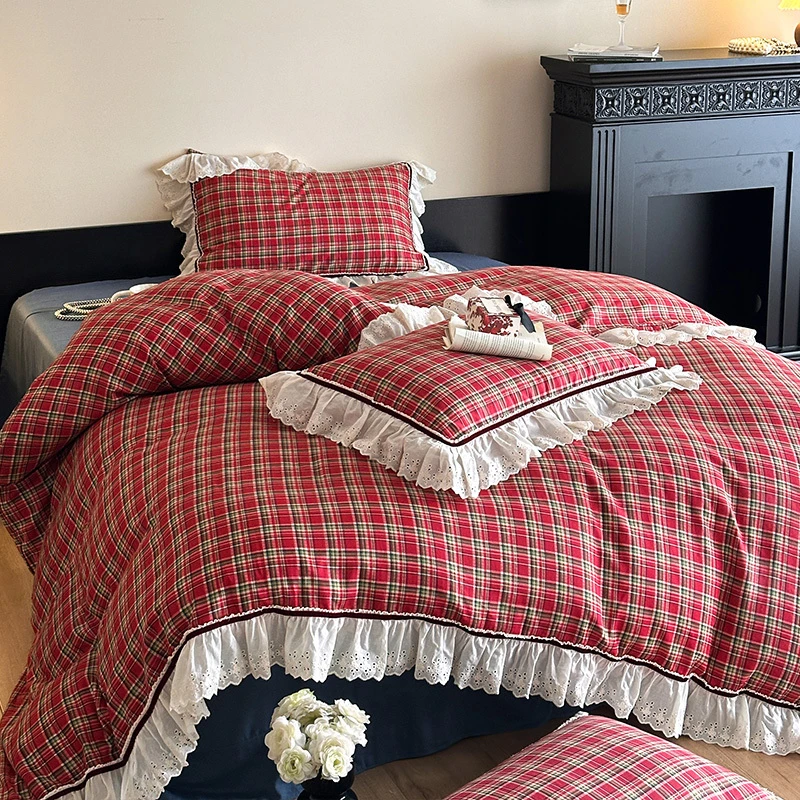 A类纯棉复古双层纱花边织带款四件套法式风格子套件蕾丝边