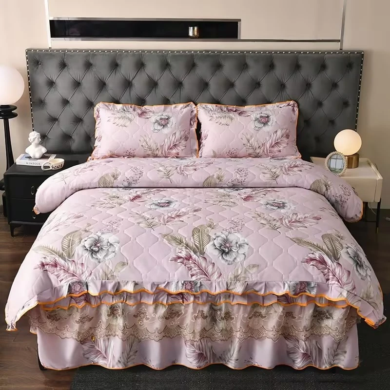 全夹棉绗缝四件套床裙款-如花似锦